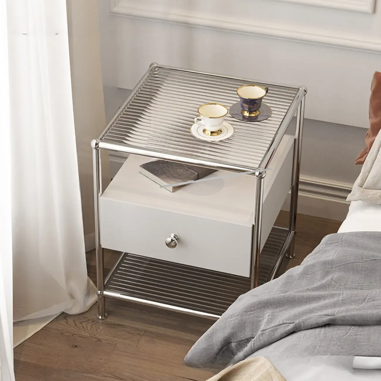 Modern Steel Nightstand with Drawer and Open Shelf
