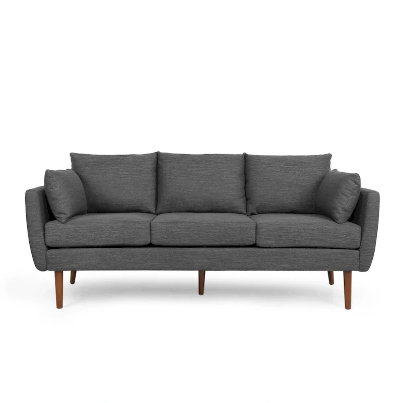 3-Seater Sofa with Pillow-Back Design and Birchwood Legs, Charcoal Fabric