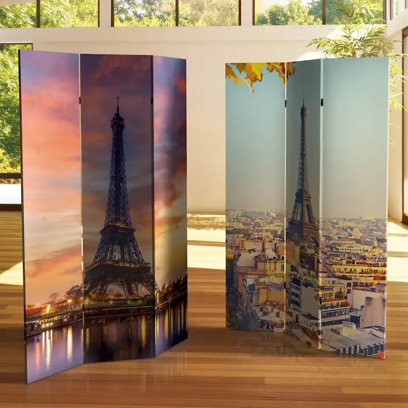 Handmade 6' Double Sided Eiffel Tower Sunset Canvas Room Divider