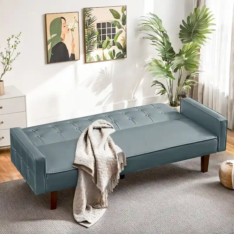 74.4 L Faux Leather Full Handcrafted Button Tufted Sofa 3-Seat, Convertible Sleeper Couch Adjustable Backrest