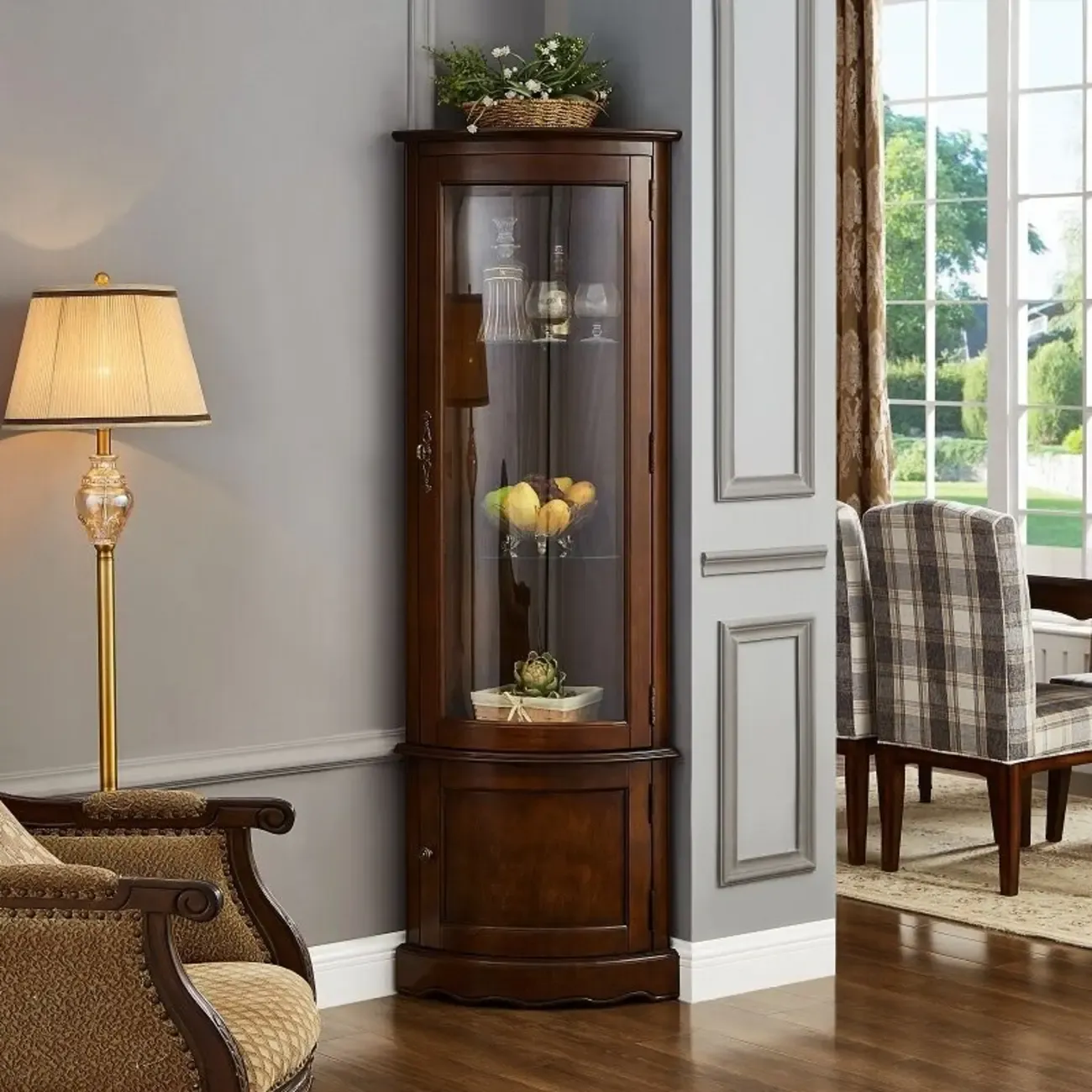 Triangle Small Corner Wooden Glass Door Wine Cabinet with Drawer