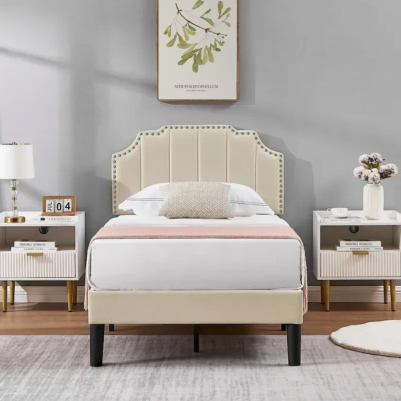 Bedroom Sets, 15 Style Options, 3-pieces Bedroom Set with Height Adjustable Upholstered Bed and Nightstands Set of 2-VECELO