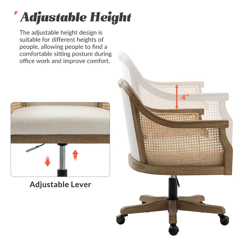 Farmhouse-Style Rattan Office Chair — 360° Swivel, Adjustable Height, Rubberwood Construction