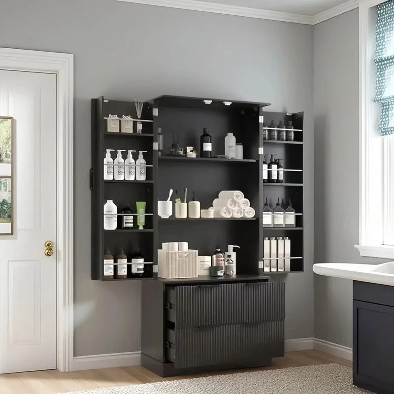 Farmhouse Bathroom Storage Cabinet with 2 Large Drawers, 8-Door storage Rack & 3 Shelves