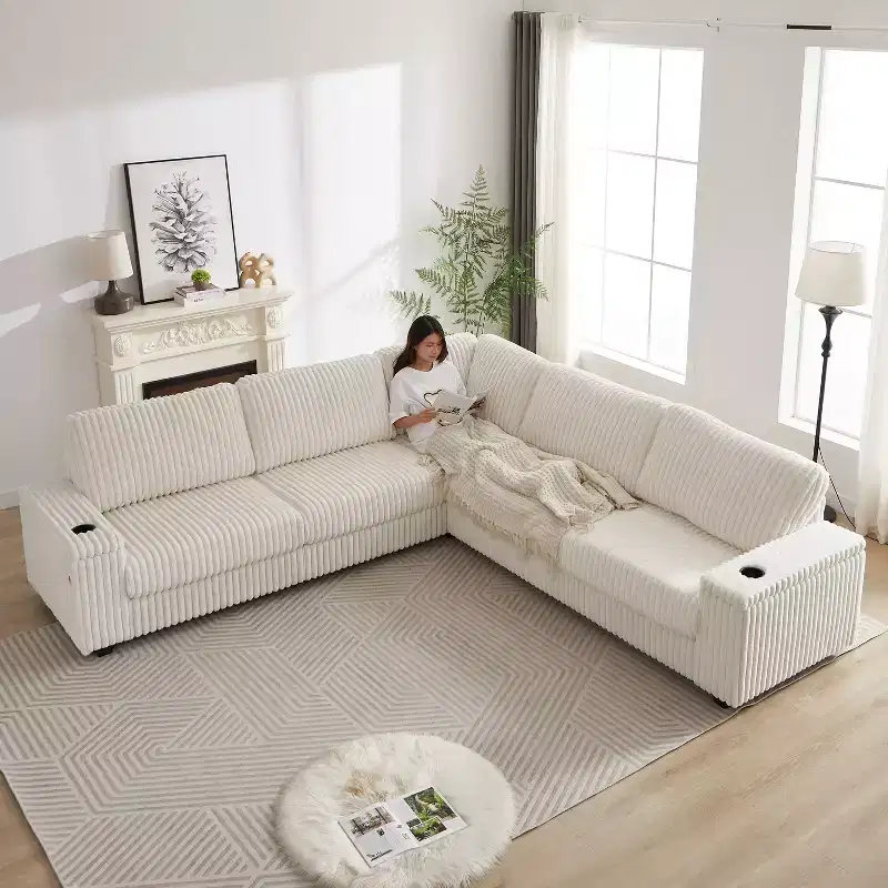 Corduroy L-Shaped Corner Sofa, 4-Piece Sectional, Seats 5