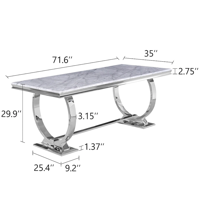 Modern Dining Room Table with Stainless Steel Metal U-Base