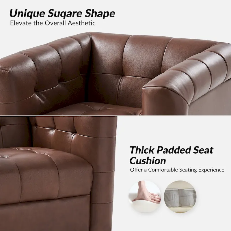 JeremiasMid-certury Modern GenuineLeatherTufted SwivelClubChair with Wooden Apron by HULALA HOME