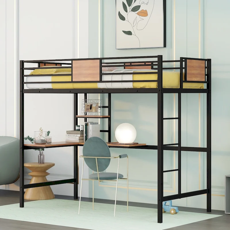 Black Twin Size Metal Loft Bed with Desk and Shelf for Kids