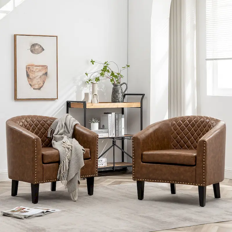 KINWELL 29  PU Faux Leather Club Armchair with Nailheads, Set of 2