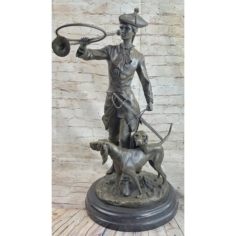Military Bugler With Hound Imitative Dogs Bronze Statue Sculpture On Marble Base 26 Inches X 19 Inches