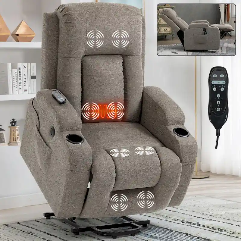 Power Lift Recliner Chair, Modern Single Motor Massage Sofa Chair with Lumbar Heating, USB Charging Port, Cup Holders