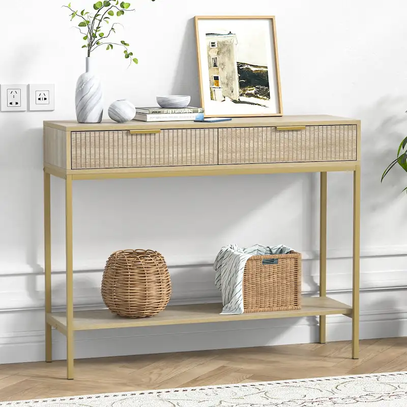 Anmytek Modern Console Table Narrow Long Console Entryway Table with 2 Drawers