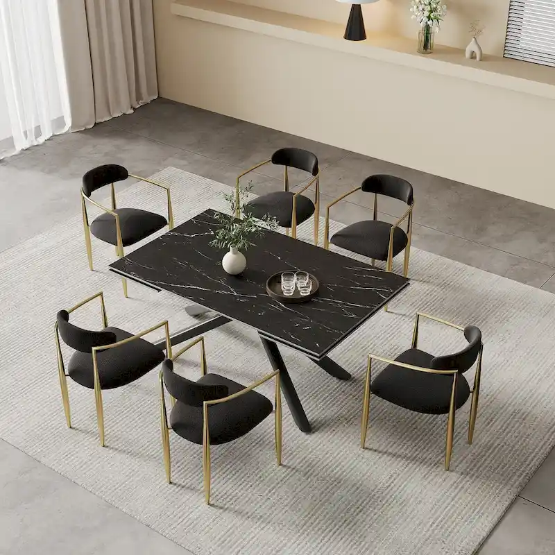 9 - Piece Extendable Sintered Stone Top Cross Legs Dining Set With 8 Fabric Chair