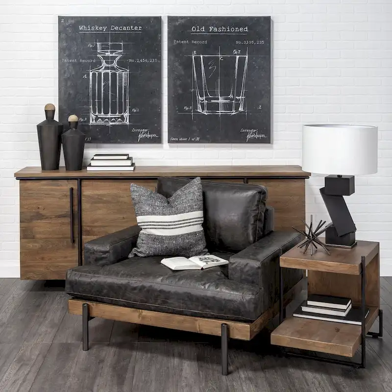 Maddox Medium Brown Solid Wood w/ Black Metal Frame C-Shaped End/Side Table