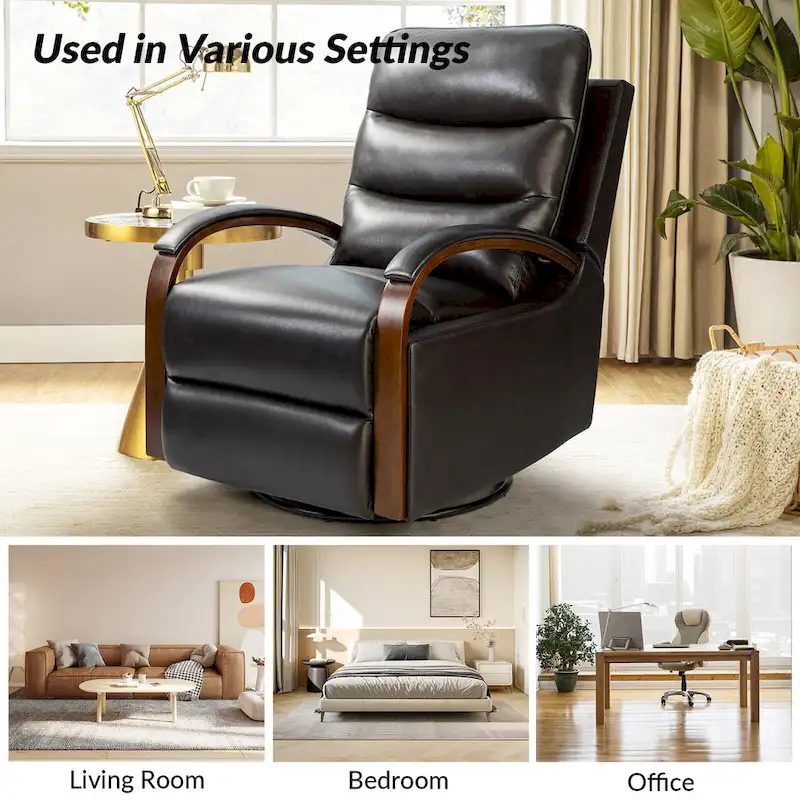 Leopold Modern Genuine Leather Swivel Rocking Manual Recliner Chair with Wooden Arm Accents by HULALA HOME