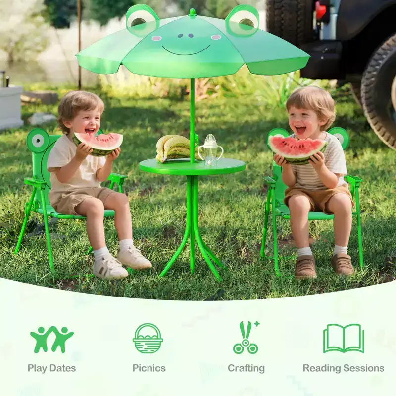 Costway Kids Picnic Table & Chair Set with 2 Folding Chairs & Height Adjustable Umbrella Brown/Green/Pink