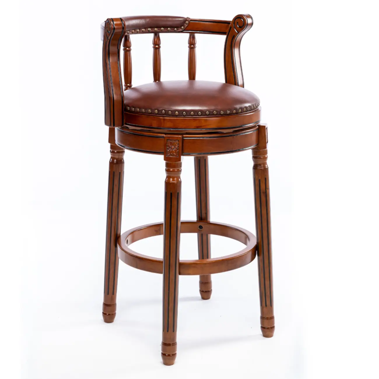 Swivel Counter Height Bar Stools in Genuine Leather & Walnut Solid Wood