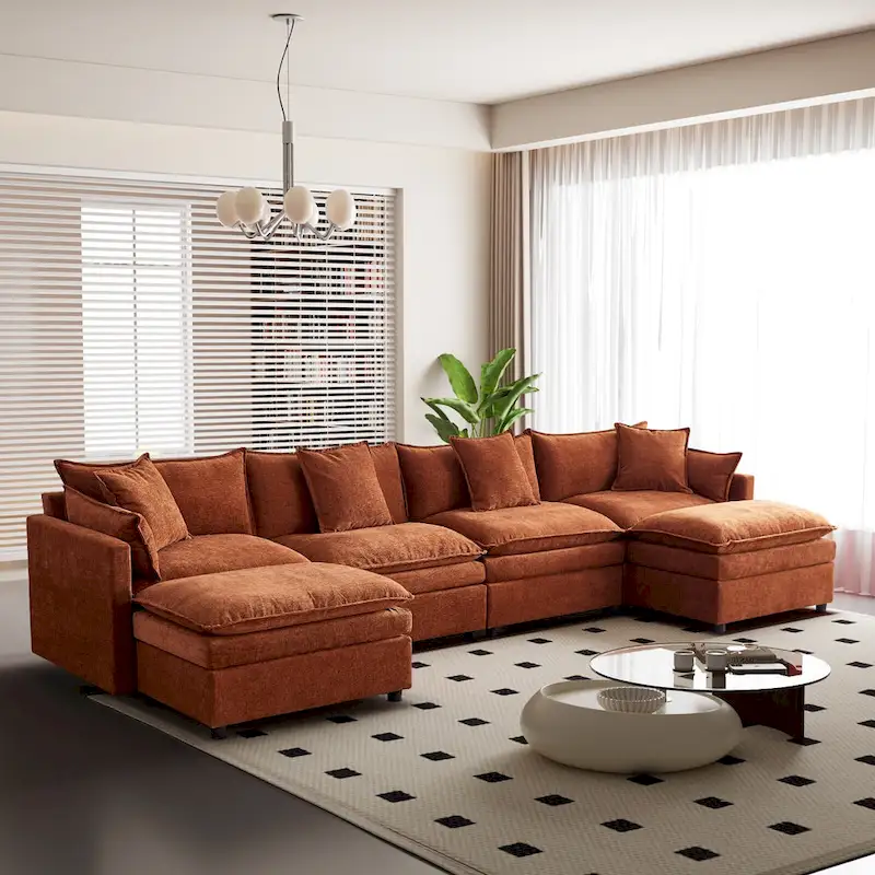 Spacious 142.52 U-Shaped Chenille Sectional Sofa with Double Cushions, Convertible Chaise and Ottomans