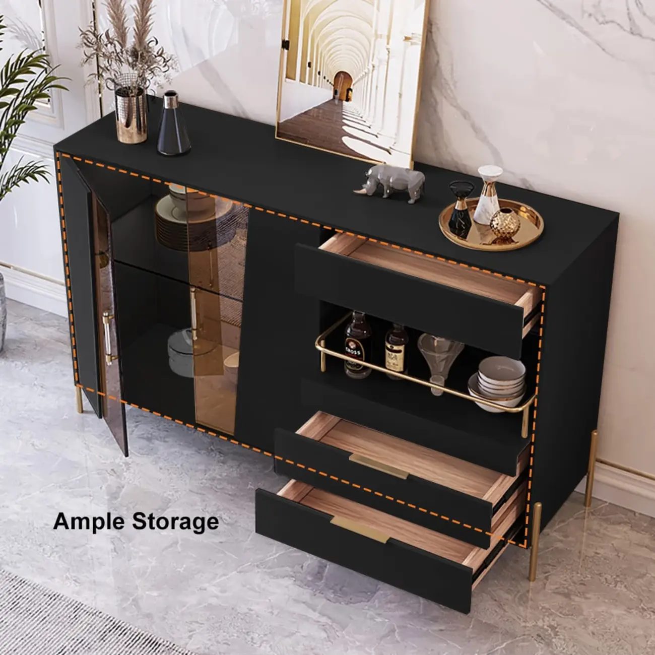 Modish Black Wooden Lighted Open Shelving Buffet Cabinet