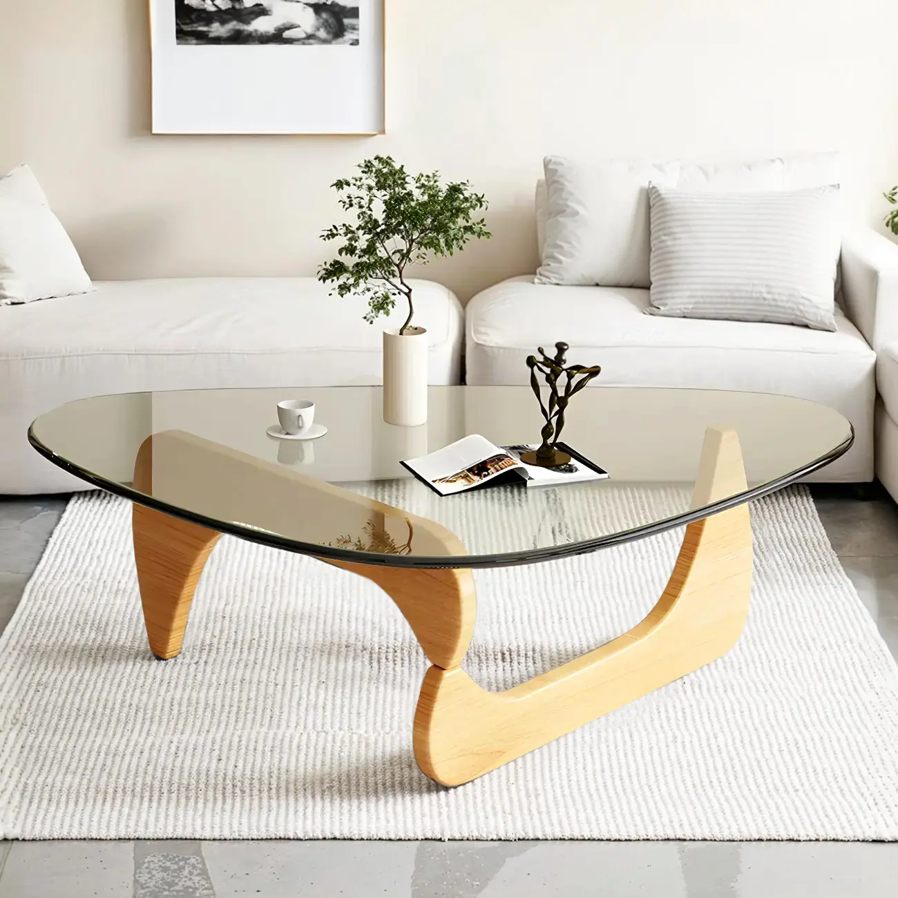 Modern Triangle Glass Coffee Table Wooden Base