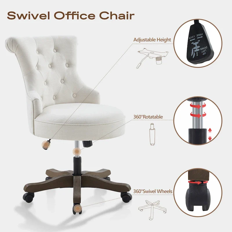 Office Chair with Wheels, Adjustable Height, Linen Fabric Upholstered Computer Desk Chair Swivel