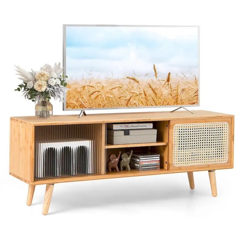 Costway Modern TV Stand Entertainment Center Media Console with Rattan