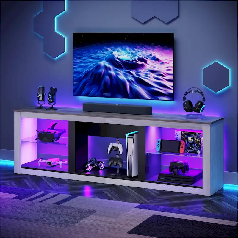 70-Inch LED TV Stand with Tempered Glass Shelves and Open Cabinet - 71 in