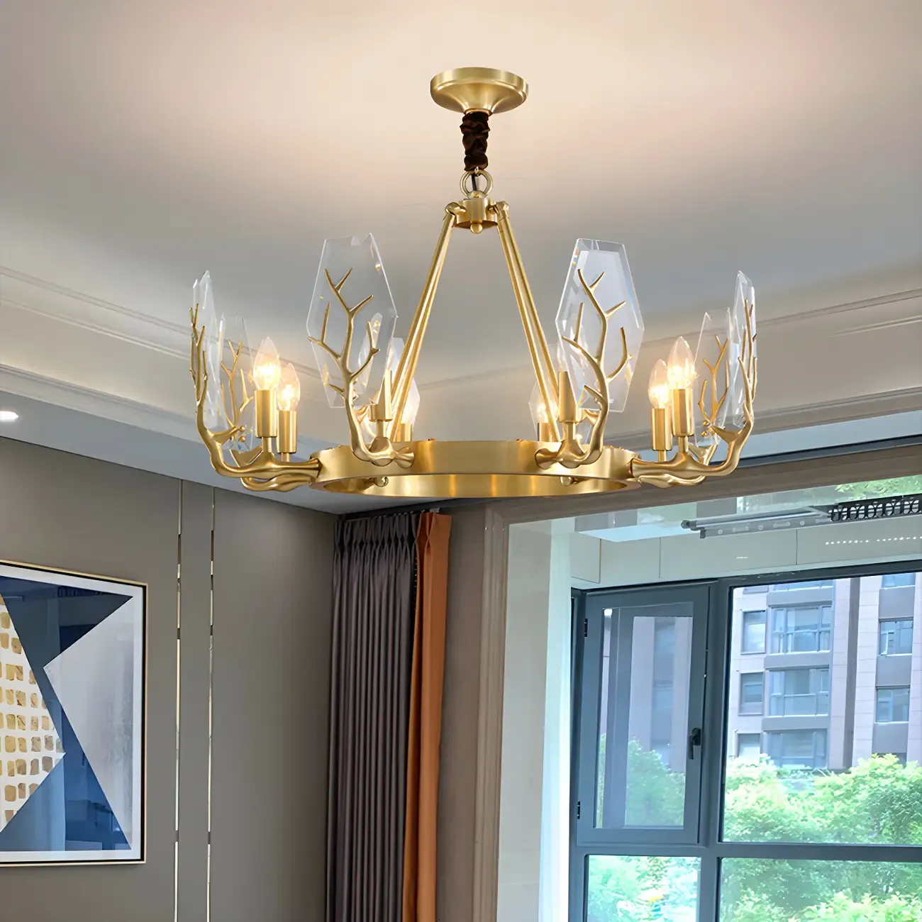 Nordic Gold Branch Glass Shade Candle Round Chandelier