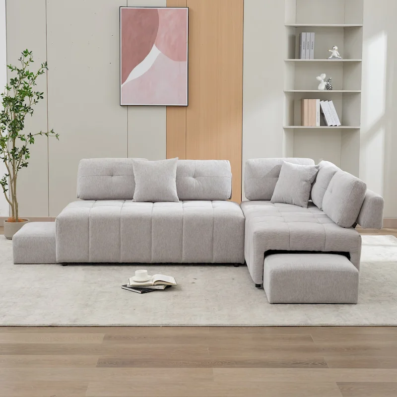 91.73 L-Shaped 4 Seater Sectional Sofa with 2 Hidden Stools, 2 Removable Lumbar Pillows, and Durable Chenille Upholstery