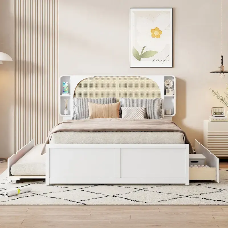 White Queen Size Platform Bed with Rattan Headboard,Two Drawers and Trundle