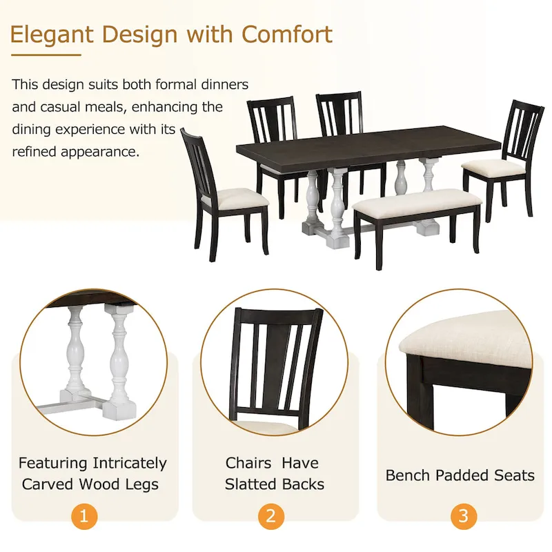6-Piece Traditional Dining Set with Extendable Table & Chairs