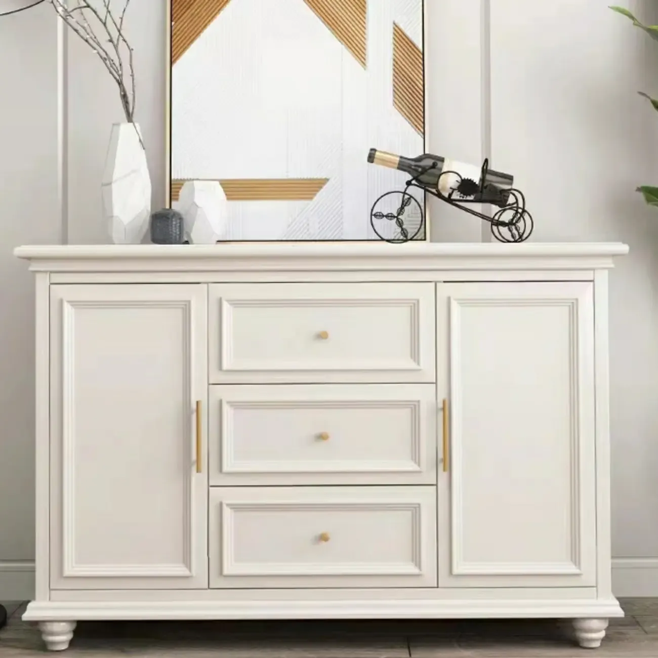 White Wooden Sideboard with 3 Drawers and Cabinets