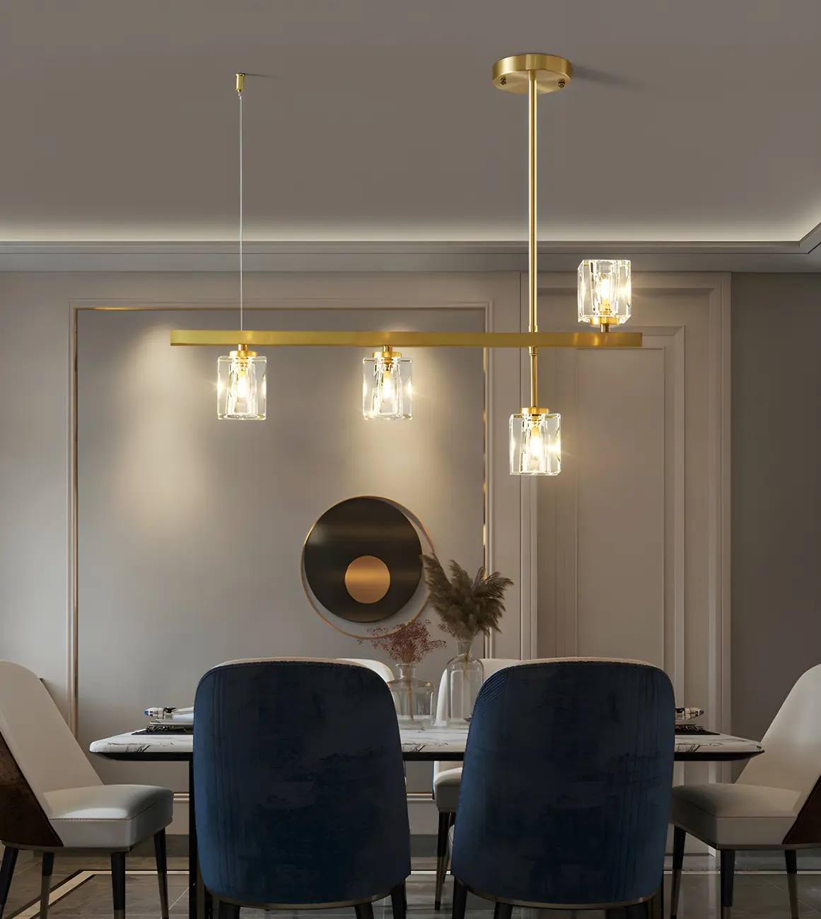 Geometric Gold Crystal Linear Island Pendant Light