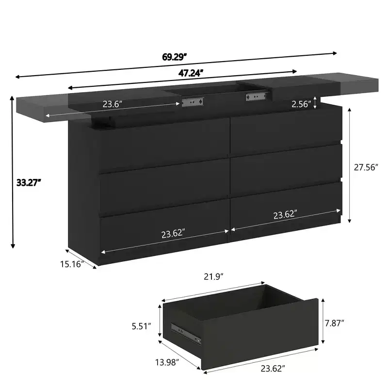 Dyonery Modern 6-Drawer Dressing Table with Sliding Top, Featuring Drawers, Organizer for Bedroom, Closet, and Living Room
