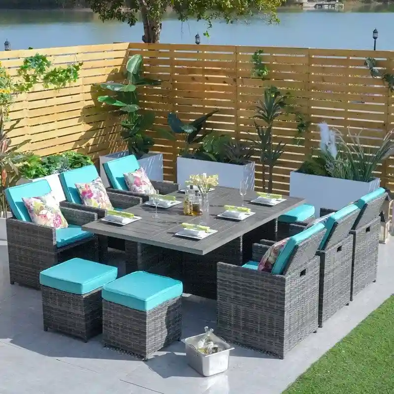11-Piece Patio Wicker Aluminum Dining Table Set w/ Chairs and Ottomans