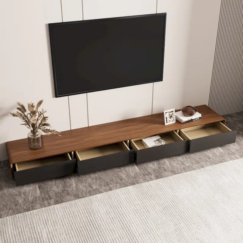 Modern Rectangular TV Stand with 4 Drawers, Wood Veneer Media Console, Walnut White, Soild Wooden, Fully-Assembled