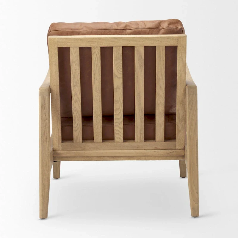 Brown Genuine Leather w/ Light Brown Solid Beechwood Frame Accent Chair - 27.9W x 34D x 34.4H