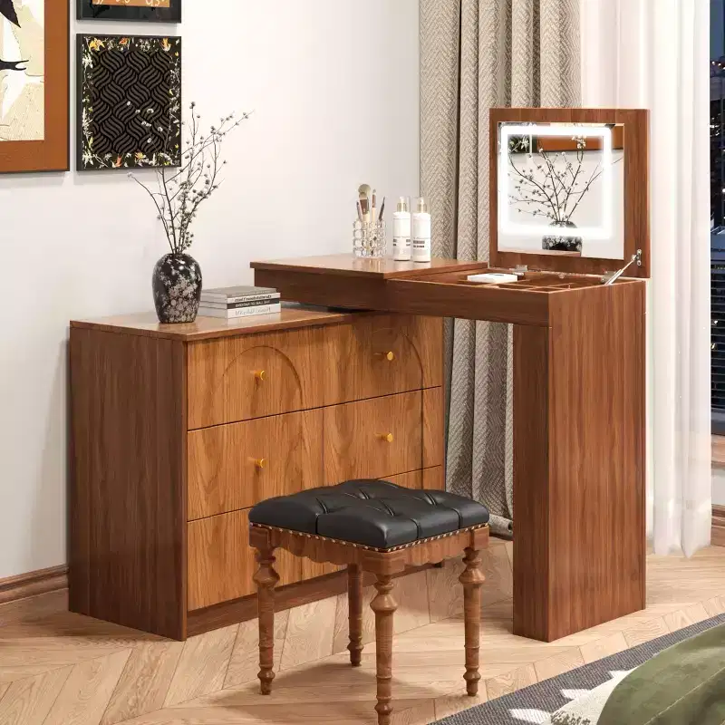 Okak Vanity Desk with Flip-Top Mirror, Vintage Vanity with 7 Drawers, 3 Shelves and 9 Compartments, Compact Vanity for Bedroom, Living Room