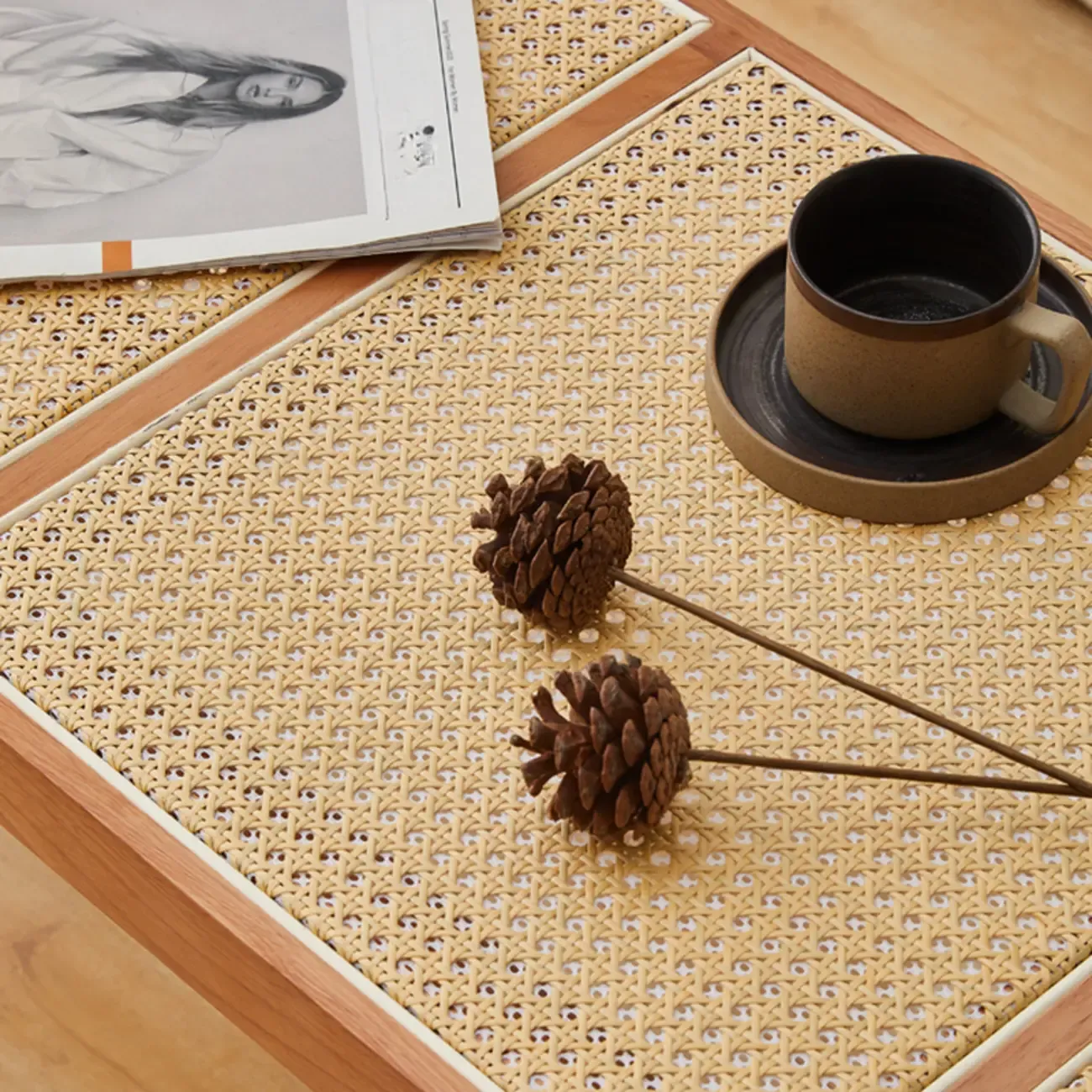 Elegant Rattan Top Finish Wooden Rectangular Cherry Benches