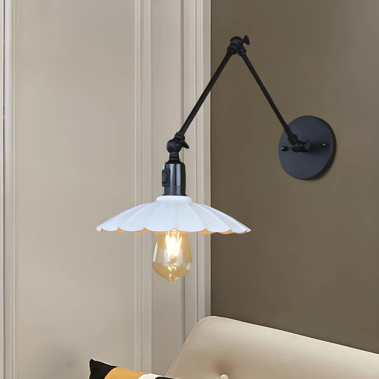 Metal Black Swing Arm Wall Light with Scalloped Shade