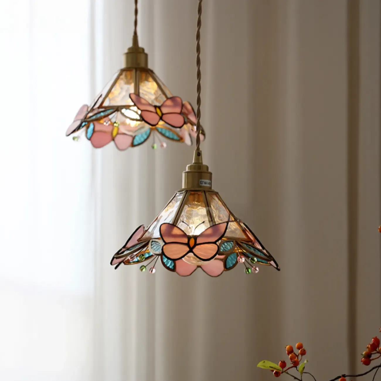 Vintage Glass Brass Butterfly Kitchen Pendant Light