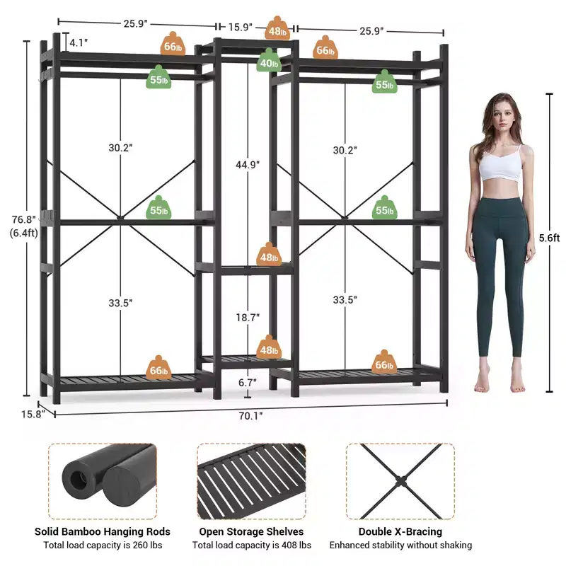 70-In Bamboo Garment Rack with 5 Hanging Rods, Freestanding Closet System with Shelves - Black