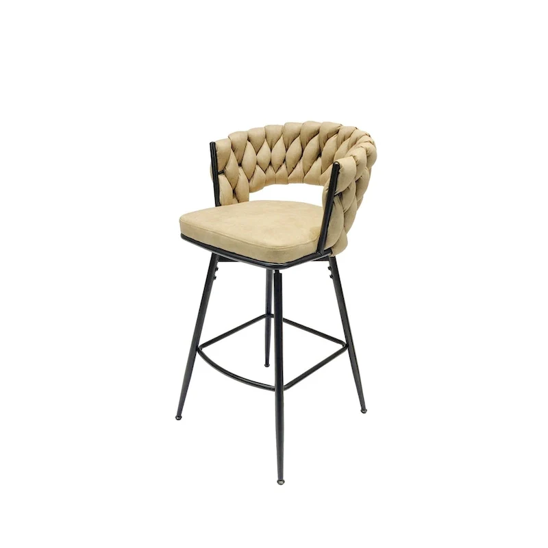 2 Woven Bar Stool,Black Legs No Adjustable Chairs,360 Swivel Upholstered Bar Chair Counter Stool Arm Chairs With Back Footrest