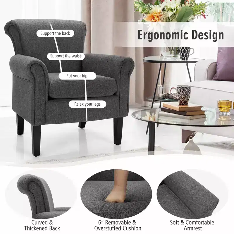 Costway Modern Upholstered Fabric Accent Chair w/ Rubber Wood Legs Dark Gray\Light Grayy