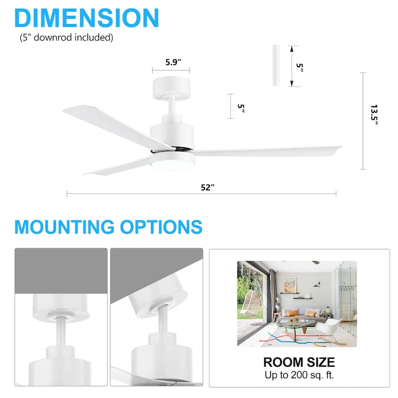 52 Inch Gold/Black/White 3-Blade LED Ceiling Fan with Light and Remote