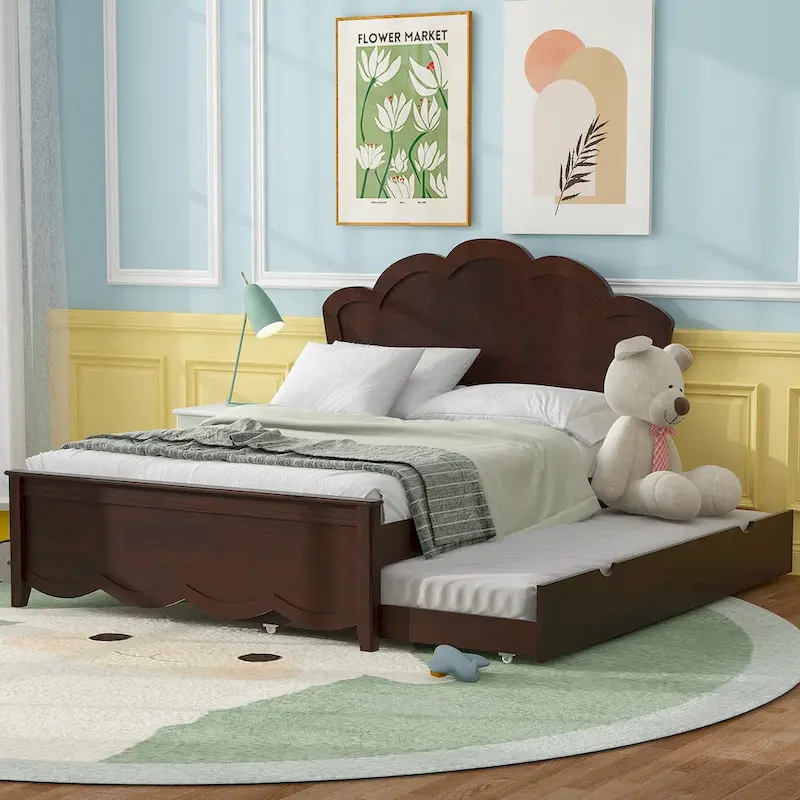 Full Size Wood Platform Bed with Headboard and Twin Size Trundle