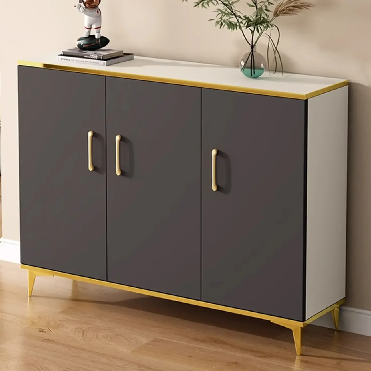 Trendy Grey Wood Hallway Shoe Cabinet with Gold Legs