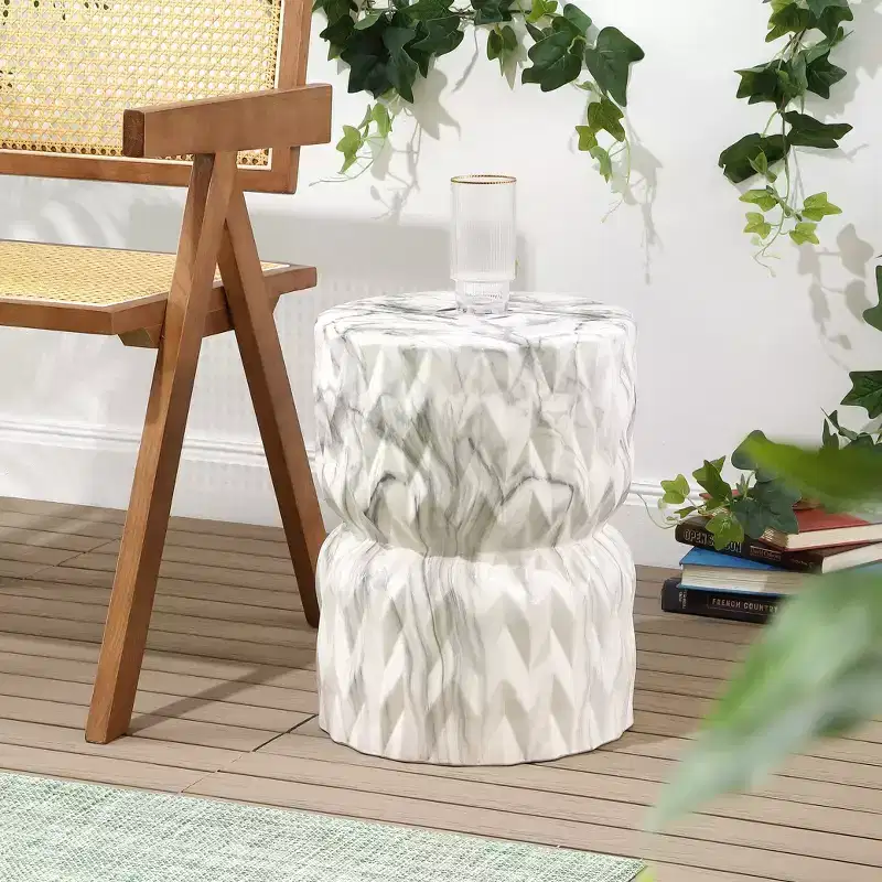 JONATHAN Y Chevron Drum 17.5 White Marble Finish Ceramic Garden Stool/Accent Table