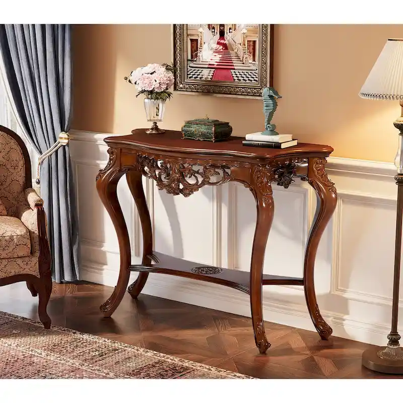 Elegant Carved Design Two-Tier Console Table for Living Room Entryway