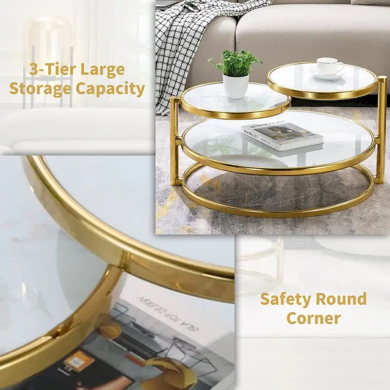 Round Tempered Glass Coffee Table with 3 Tiers 360 Degrees Rotating Top